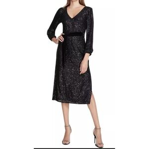 Betsey Johnson V Neck Midi Black Sequin Tie Belt Cocktail Party Wedding Dress XS